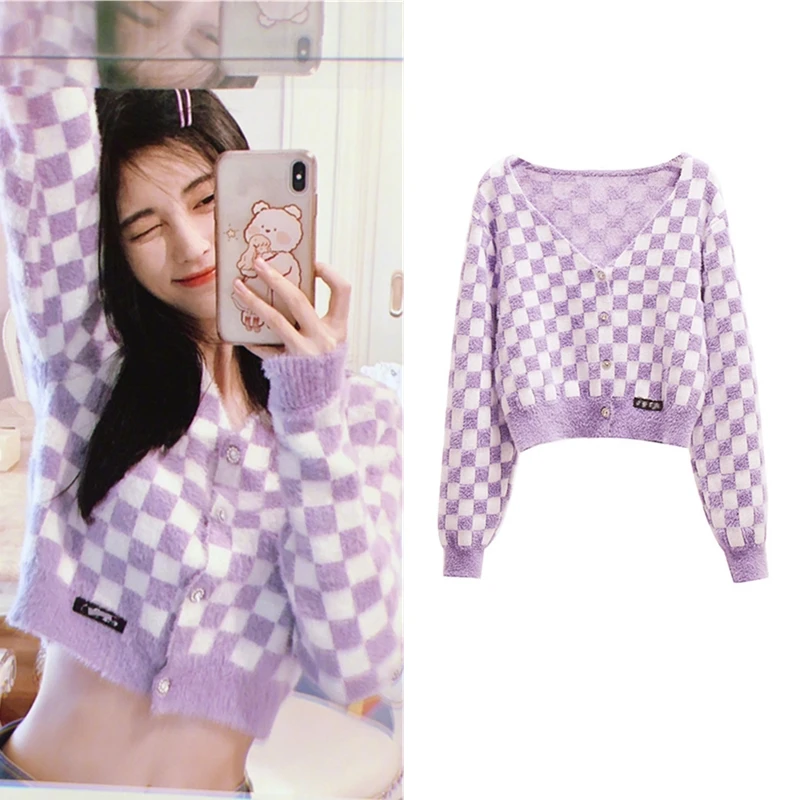 

Фиолетовый вязаный кардиган в клетку с V-образным вырезом для женщин, осенний, свободный, с открытым животом, теплый, длинный, из хлопка