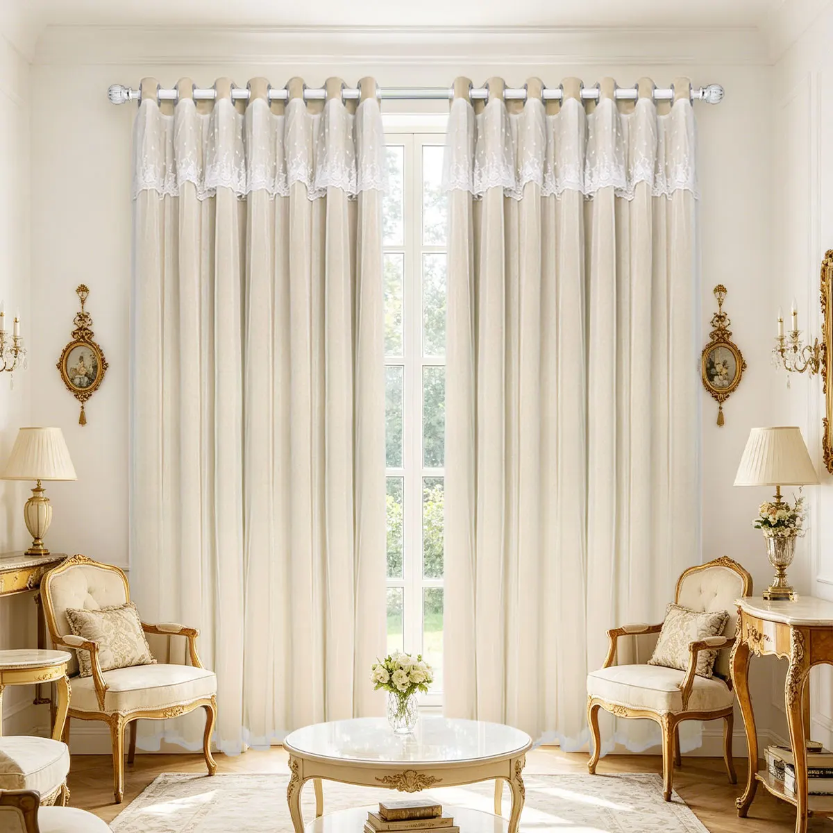 Beige Double Layer Lace Grommet Curtains, Sheer Drapes for French Cottage Bedroom Decor
