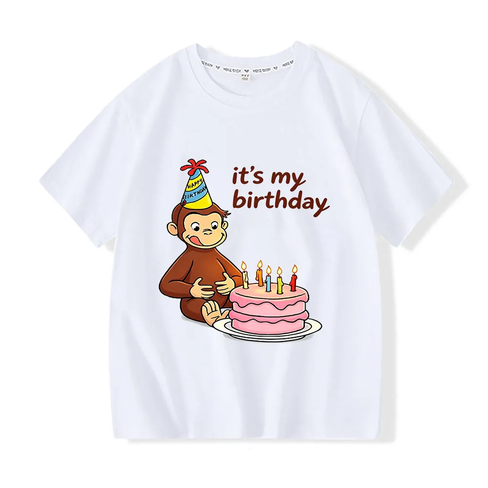 Curious George 100% Cotton Children's T-shirt Happy Birthday Cartoon Print Tees O-neck Boys Girls Short Sleeve Kids Tops Summer