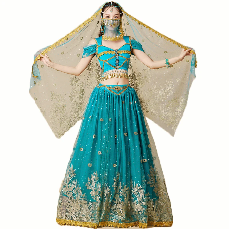 Indian Dance Princess Costume Belly Dance Dress Women Short Sleeved Top+Long Skirt Set Adult Lady Halloween Performance Suit