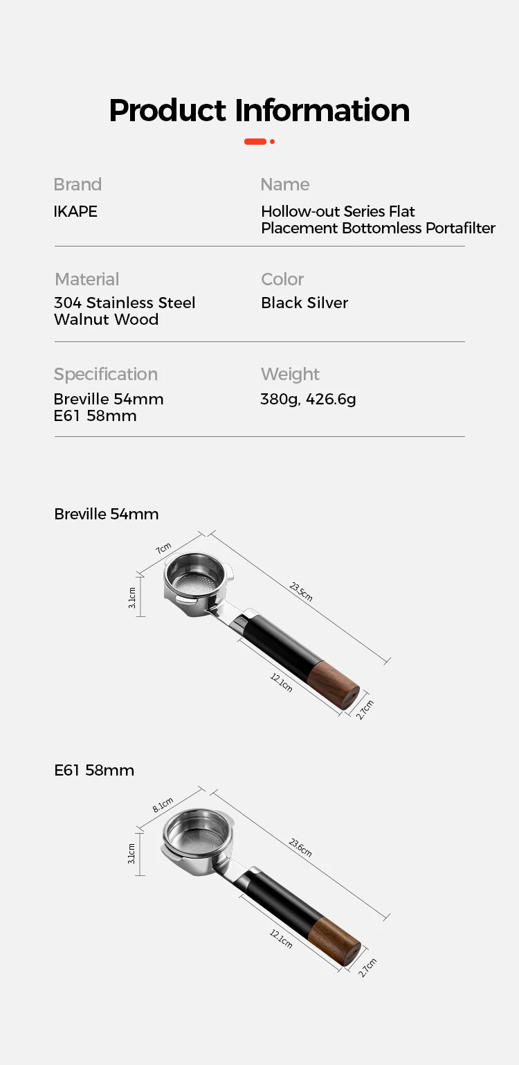IKAPE Durchbrochener bodenloser Siebträger, Espressogriff aus Edelstahl und Walnuss, 54/58 mm Präzisionskorb mit hoher Extraktion – Detail 10
