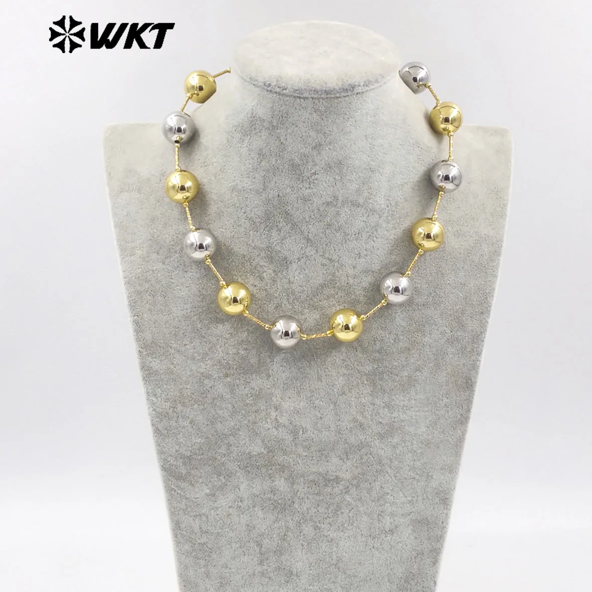 WT-JFN07 Wholesale Fashion 18K Gold Plated Resist Tarnishable Round Big Brass Ball Beads Necklace With Popular Connect Pipe