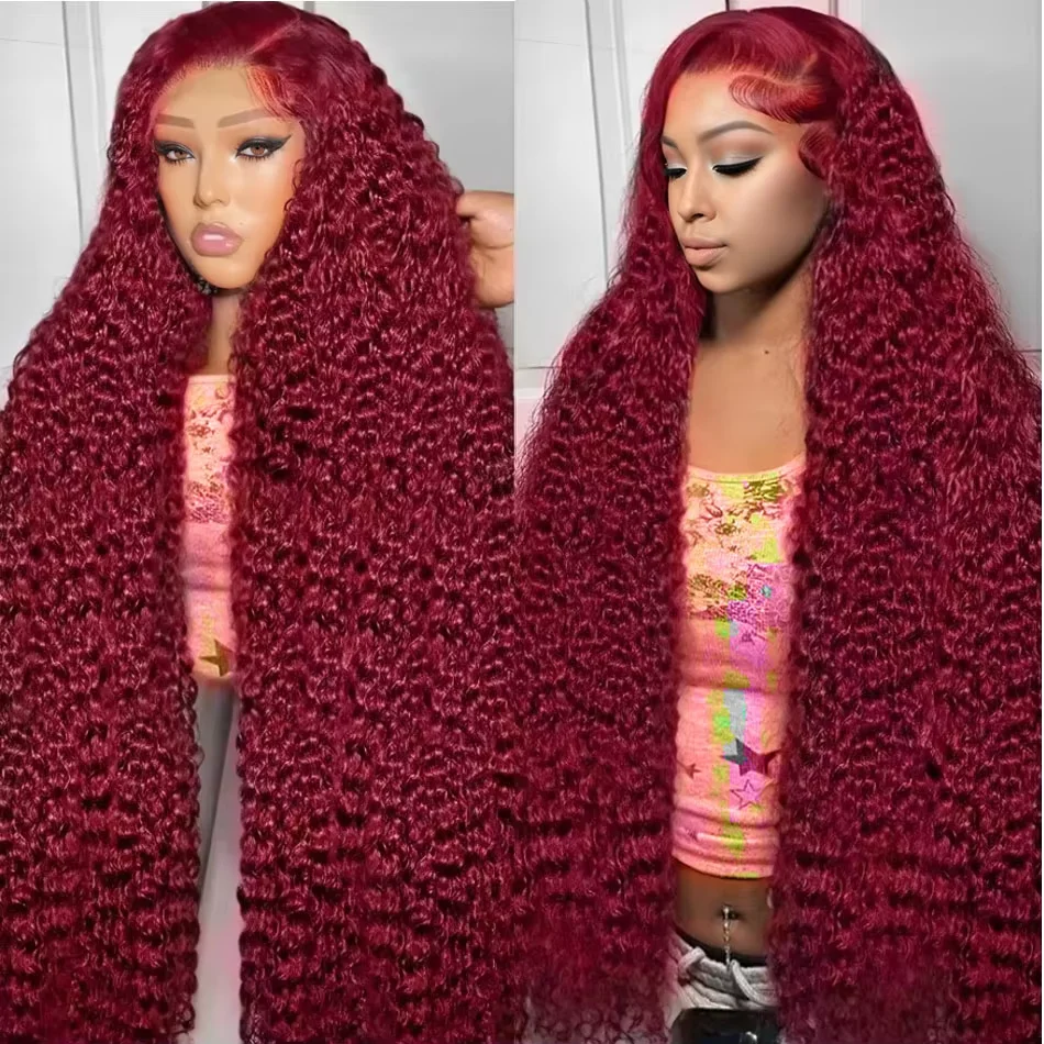 

220 Density 99J Burgundy 13x6 HD Lace Front Wigs Human Hair Red Colored Deep Wave Transparent Preplucked 13x4 Lace Front Wig