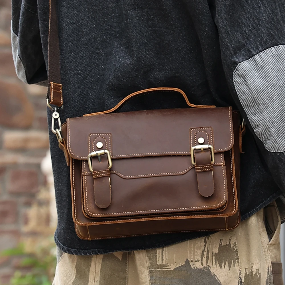 Men's Small Square Bag Crazy Horse Casual Vintage Shoulder Bag Genuine Leather Crossbody Bag Vintage Postman Bag For Men