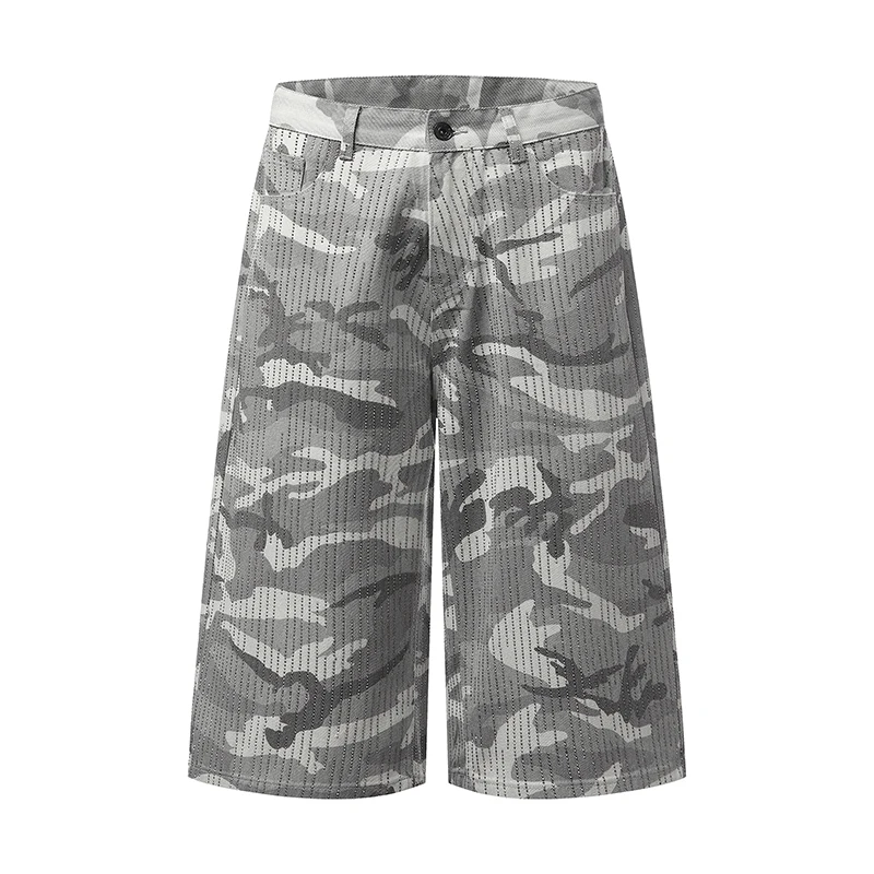 

Edgy Men's Denim Shorts Grey Camouflage Rhinestone Detail Baggy Fit Knee Length Streetwear Shorts