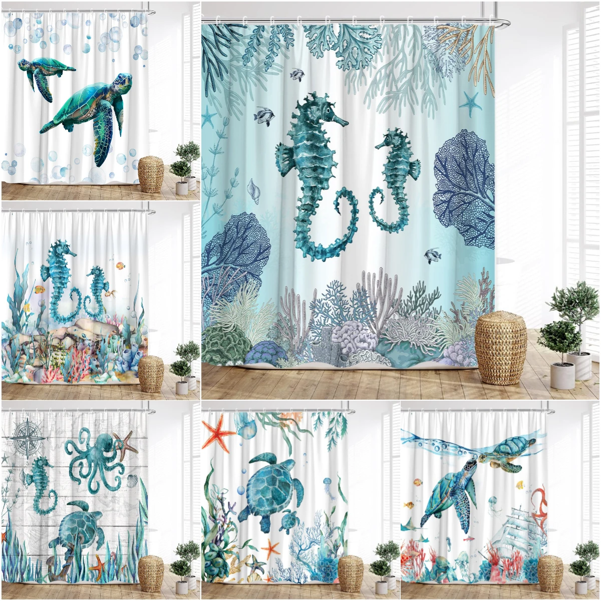 Ocean Animal Shower Curtain Underwater World Turtle Octopus Seahorse Starfish Coral Vintage Map Nautical Kids Bathroom Decor Set