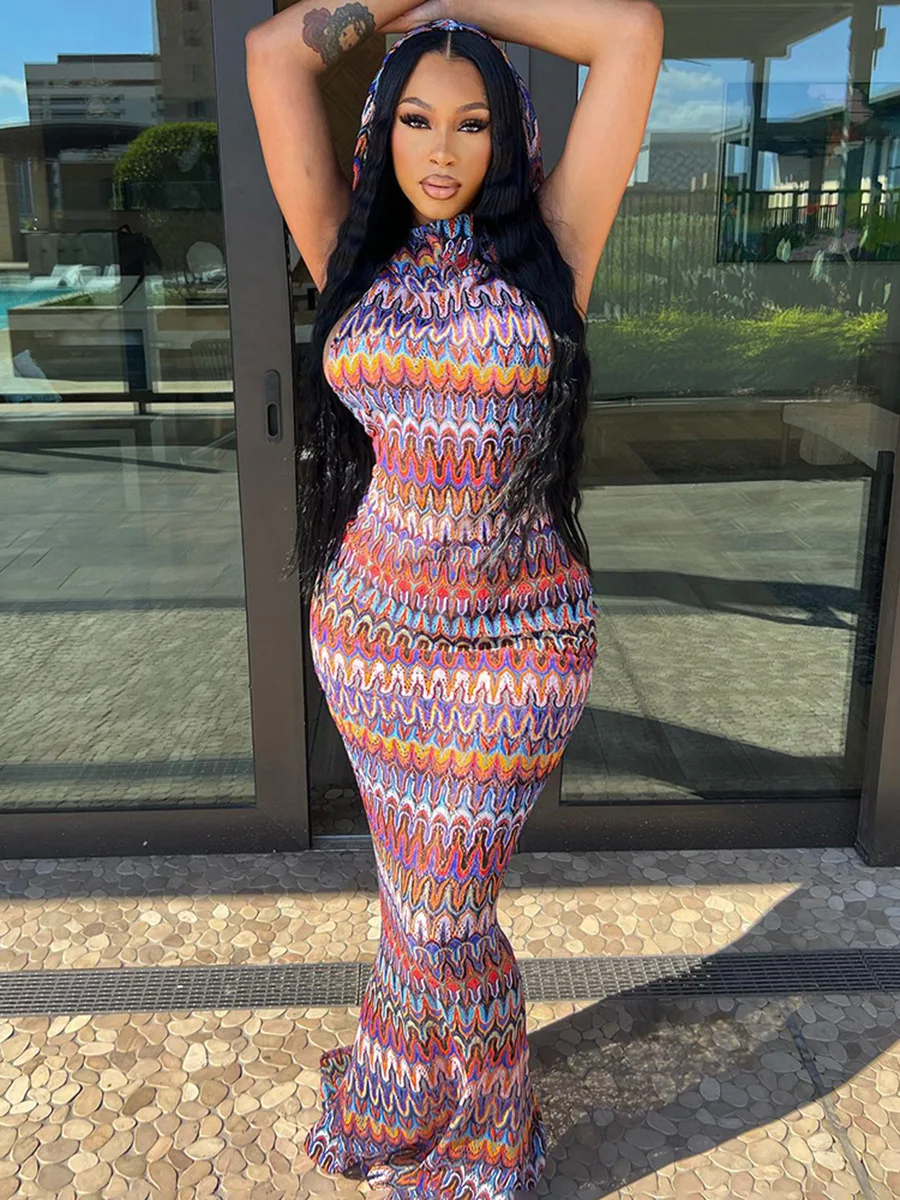 

Rainbow Print Sleeveless Hooded Backless Sexy Bodycon Maxi Dress 2023 Summer Women Fashion Festival Club Outfit Y2K