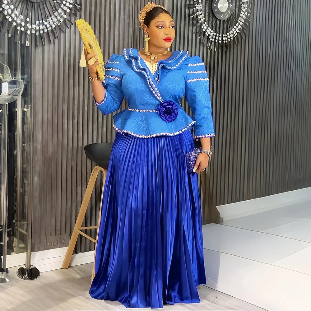 

Plus Size Two Piece Set African Clothing Elegant Women Party Dress Long Sleeve Tops And Skirt Suit Birthday Prom Evening Gowns