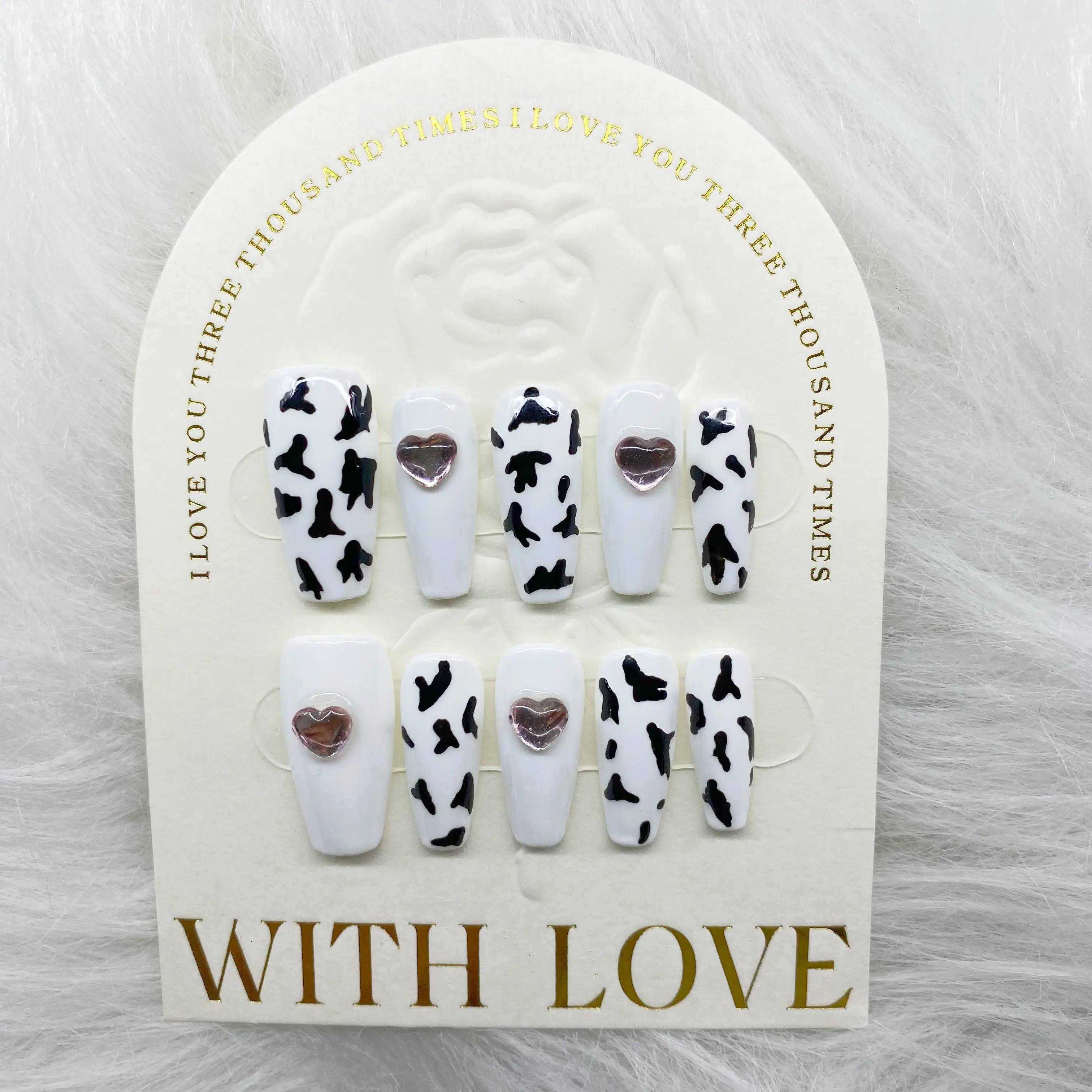 Gentle Little Cow Heart Gel Detachable Reusable High-Quality Elegant White Handmade Press On Nails