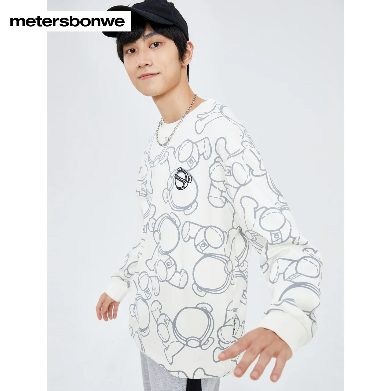 Metersbonwe-Men's Classic Round Neck Fleece Thick Pullover Full Cartoon Print Hoodie Youth Casual Stylish Winter Autumn