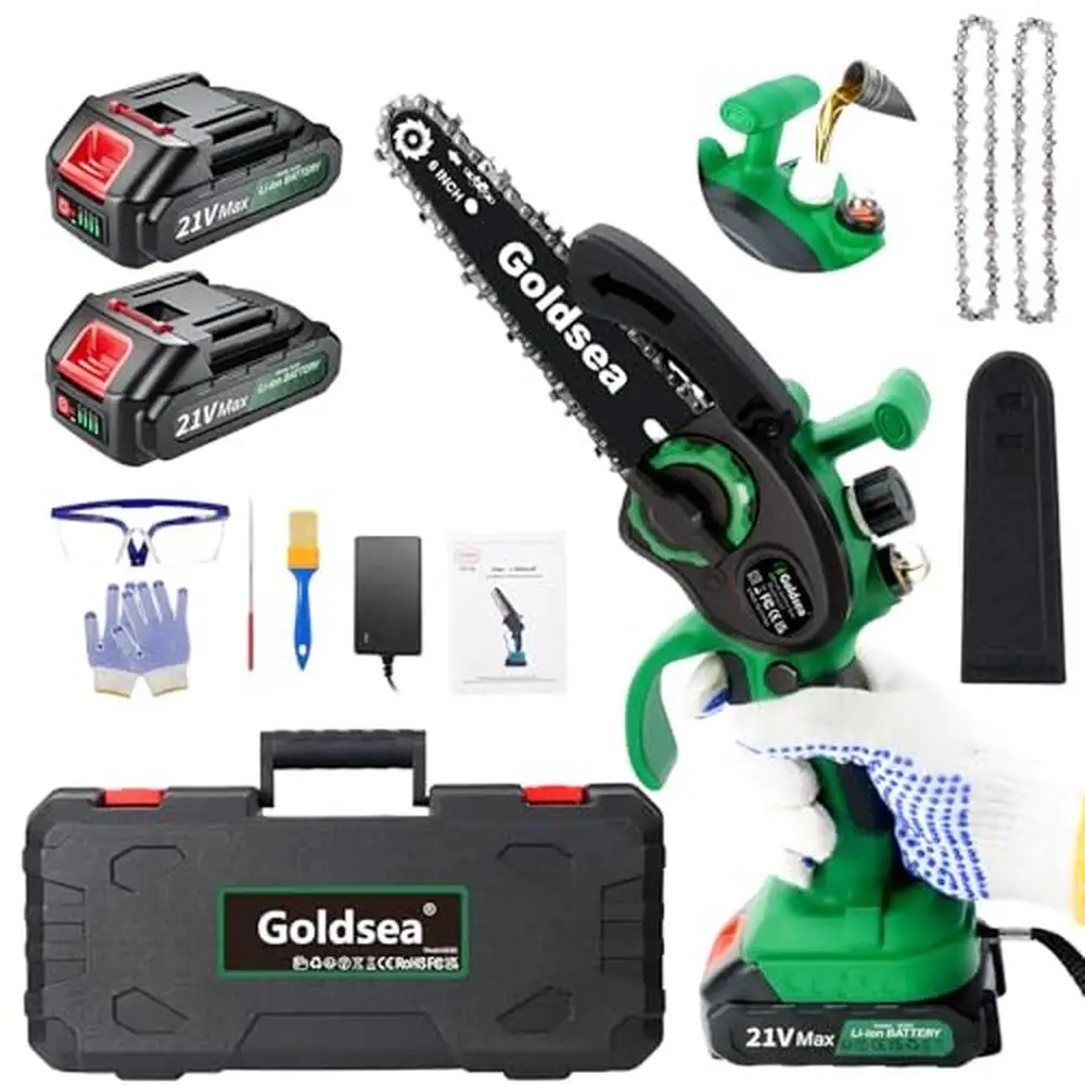 6-Inch Cordless Mini Chainsaw with 2 * 2000mAh Batteries Tool-Free Clamping Design Security Lock Pruning Wood Cutting Garden