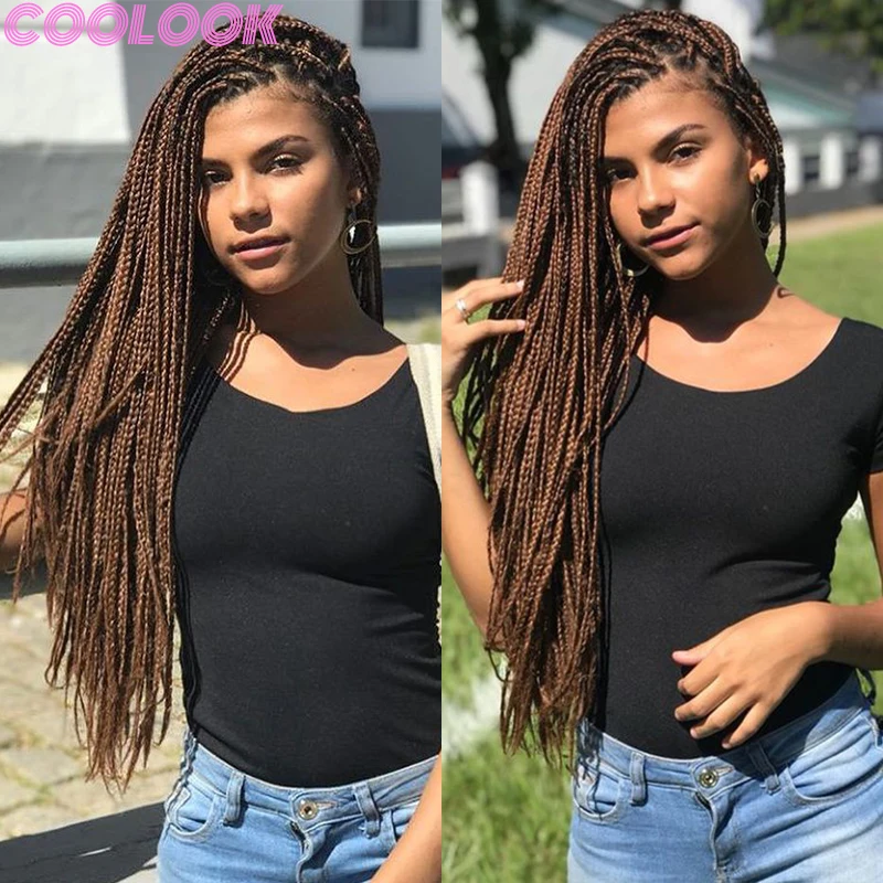 Synthetic Long Full Lace Box Braid Wig with Baby Hairs 36'' Knotless Box Braid Lace Front Wig Ombre Brown Braided Wigs for Women