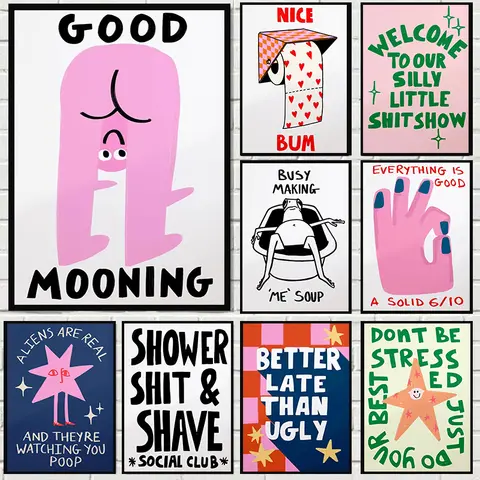 Slogan humorístico agradável bum desenhos animados impressões família pintura em tela engraçado banheiro cartazes alienígena parede fotos decoração do quarto casa