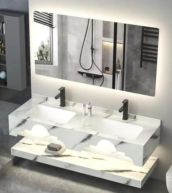 Factory Direct 2026 Lavabo a doppia vasca da 1200 mm senza giunture, in lastra di marmo di lusso, in pietra sinterizzata lucida