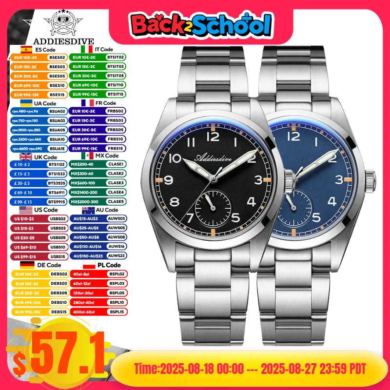 

ADDIESDIVE 36mm Men's Quartz VH60 Watch BGW9 Luminous Bubble Mirror Pot Cover Glass 10Bar Waterproof Stainless Steel Watch