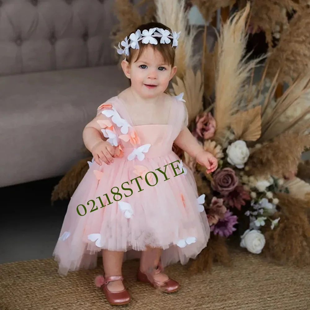 Niedliche Blumen mädchen Kleid asymmetrische Länge Schmetterlinge Tüll Baby Geburtstags kleid Festzug Kleid Hochzeit Anpassung Kommunion