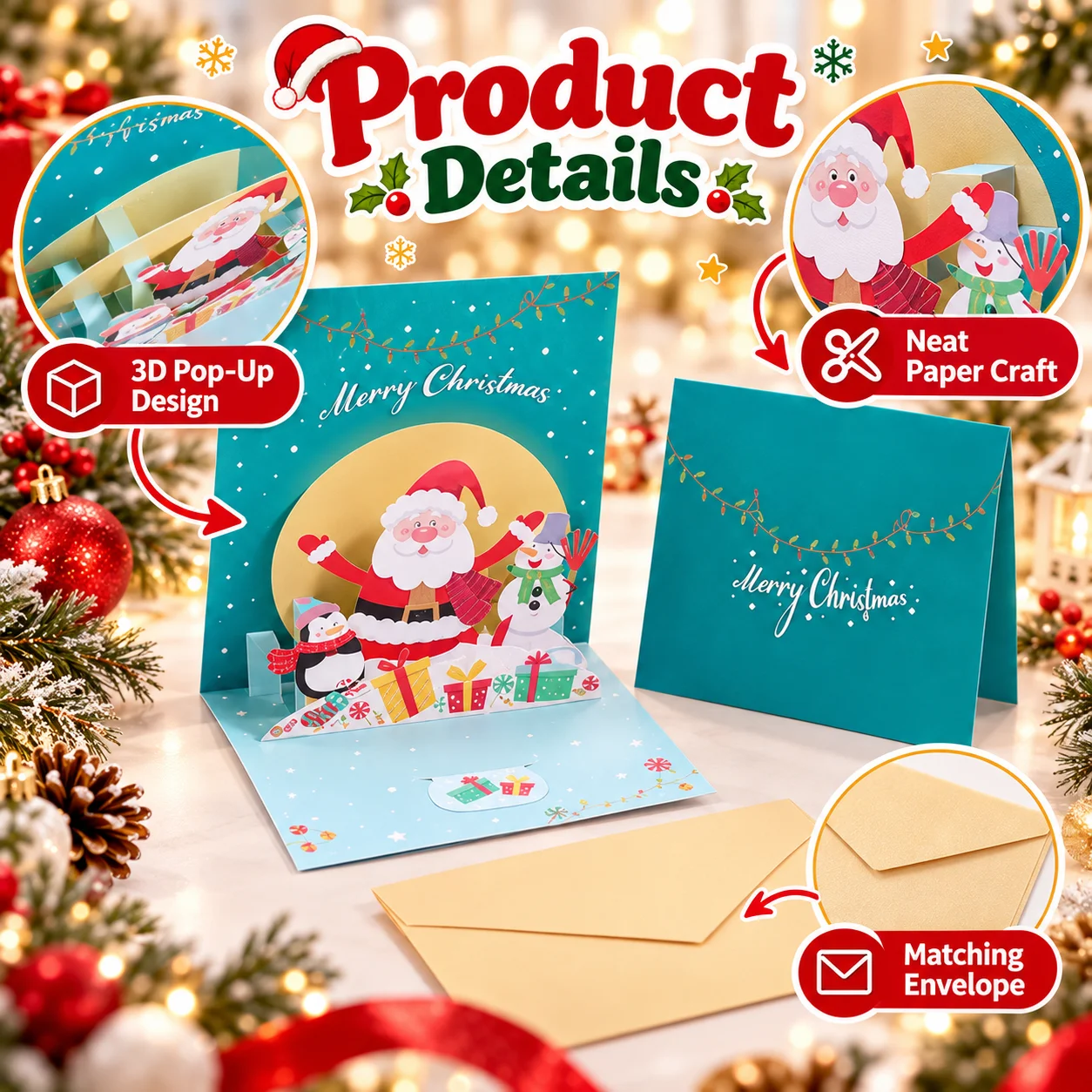 Christmas 3d Pop-up Greeting Cards Set, Assorted Xmas Festive Patterns, Foldable Paper Craft Cards With Matching Envelopes For H