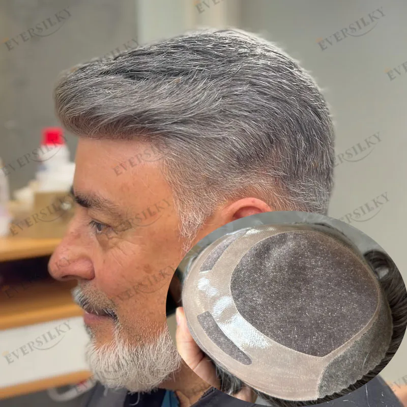 Natural Hairline 1B65 1B80 Grey Human Hair Strong Bond NPU Mono Base Old Men Toupee Undetectable Baldness Men Hair Prosthesis