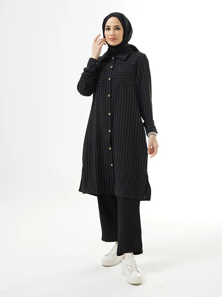 Striped Tunic Trousers Set Muslim Women Combination