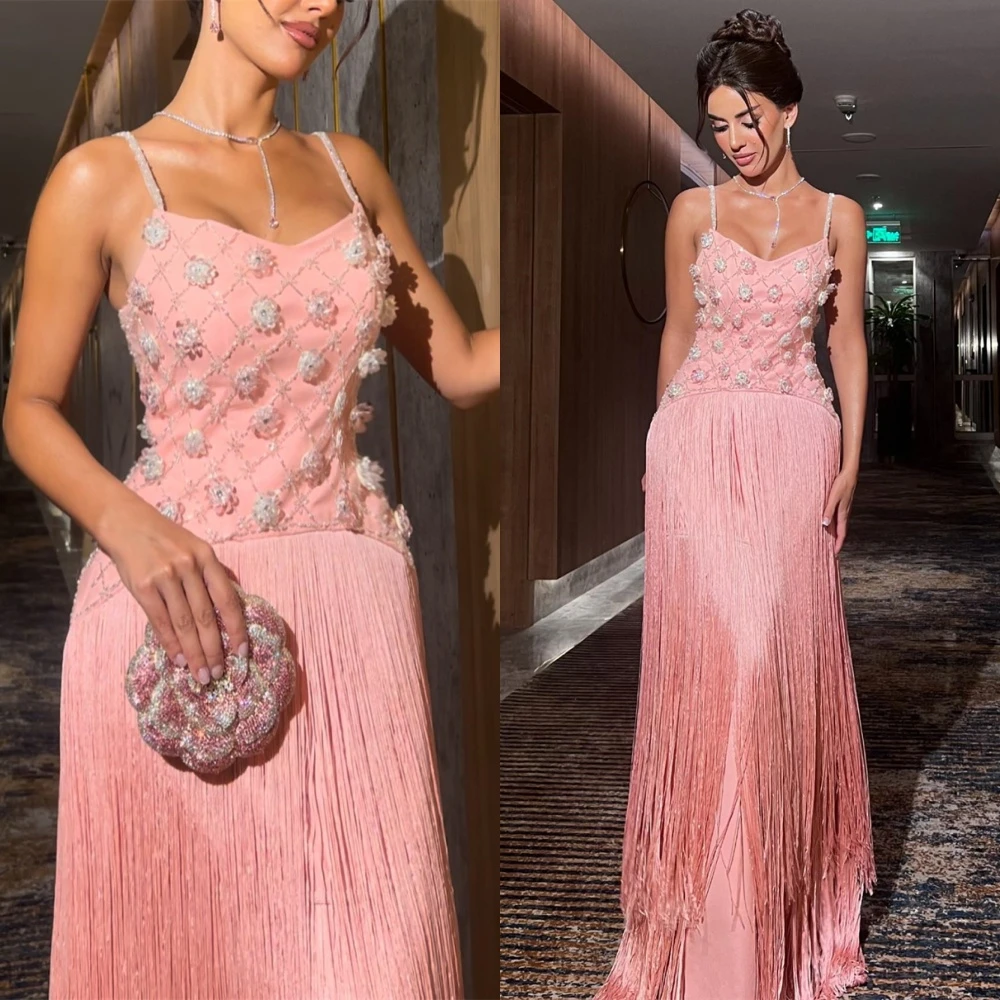

Customized Luxury Pink Jersey Celebrity Gowns Elegant Strapless Spaghetti Straps Evening Dress Exquisite Special Occasion Gowns