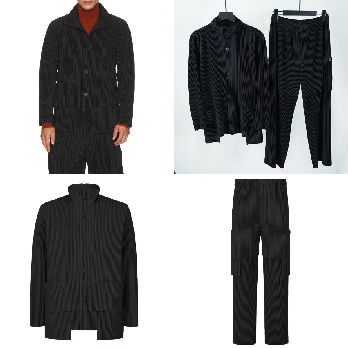 Miyake Folds 2025 Spring and Autumn New Style Coarse Toothpick Standing Collar Irregular Coat Straight Leg Pants Two Piece Set