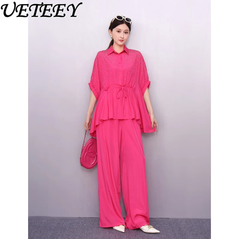 

Spring Summer New Women's Loose Hot Diamond Lace-up Shirt and Wide-leg Pants Two-piece Set Fashionable Elegant Trendy Suit