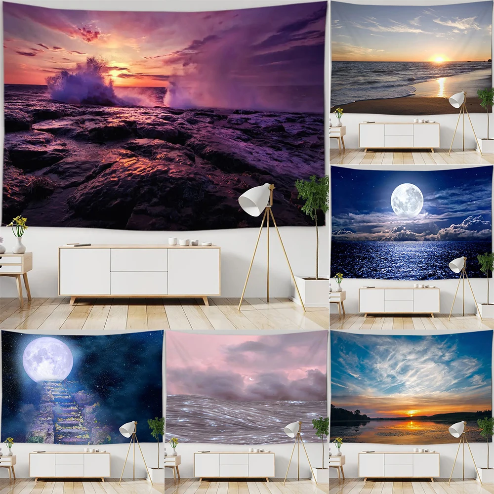 Starry sky, moon and sea, sunset pattern tapestry home decoration living room bedroom background wall hanging cloth 230x150cm