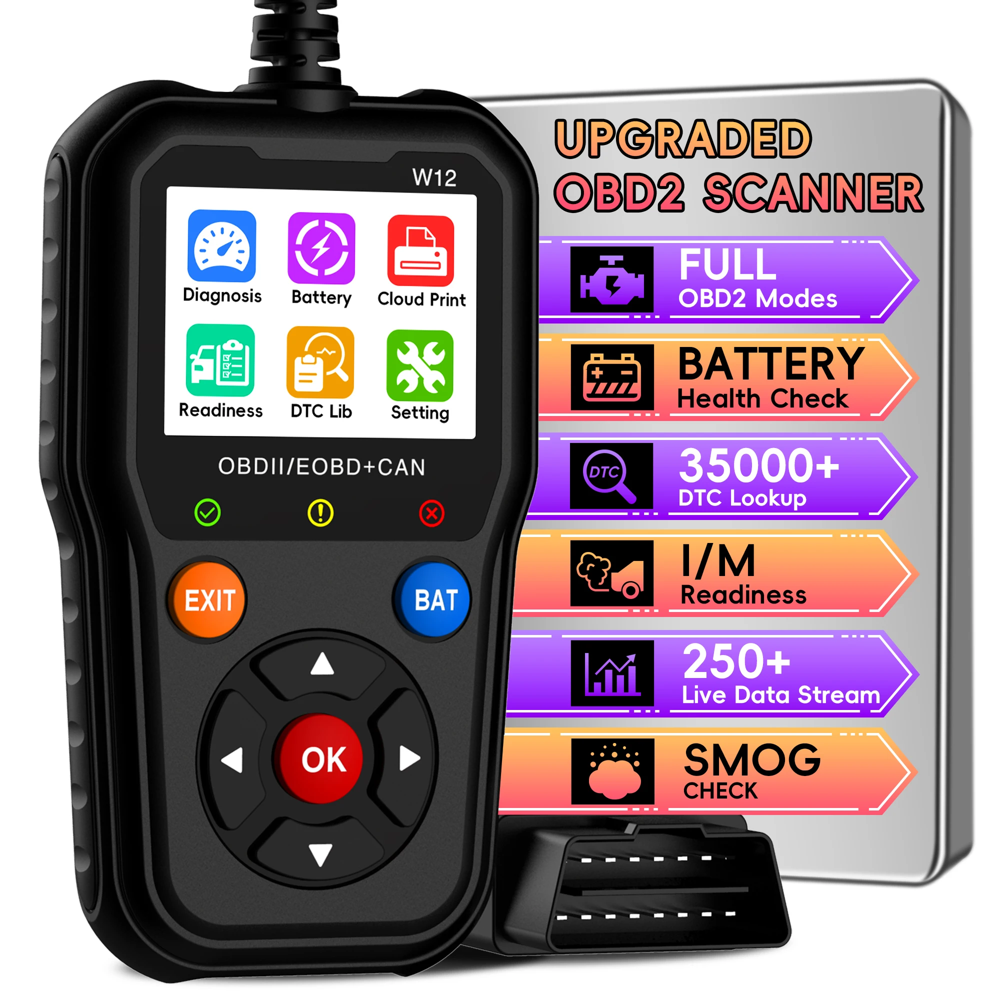 OBD2 Scanner and Battery Tester, Vehicle Code Reader for Check Engine Light | Enhanced Diagnostic Scan Tool, Read &Reset DTC, I/M Readiness, EVAP, Live Data, Car Scanner for All OBDII Vehicles Since 1996