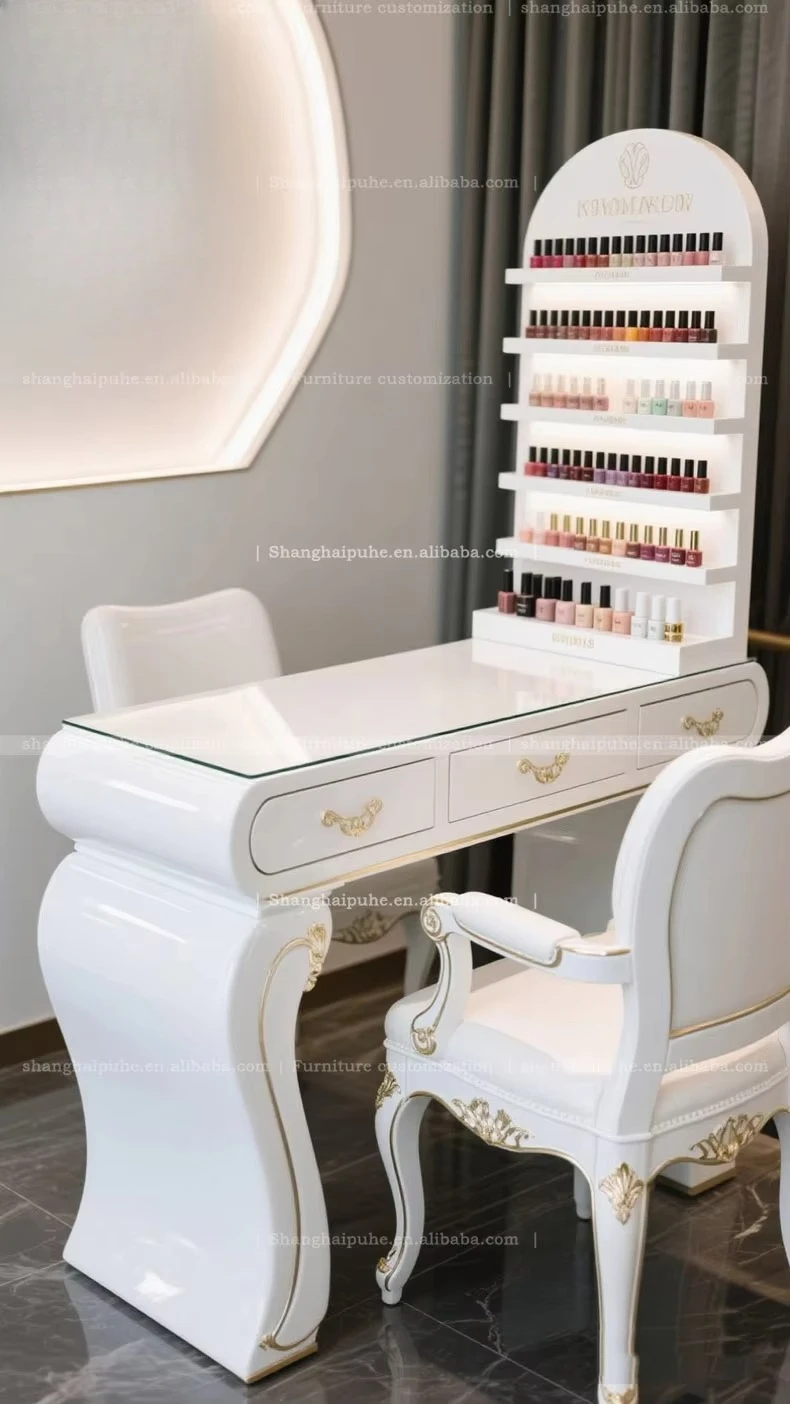 Ladies Salon Nails Table Golden Black Or White Custom Made Baroque Nail Table And Chair Sets Light Luxury Design Customization