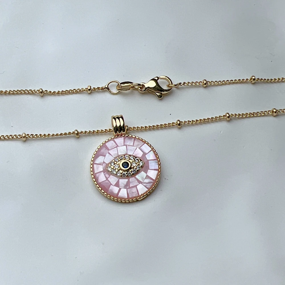 Trendy Round Pink Sea Shell Crystal Zircon Evil Eye Necklace Women PVD 18k Gold Plated Pendant Neck Jewelry