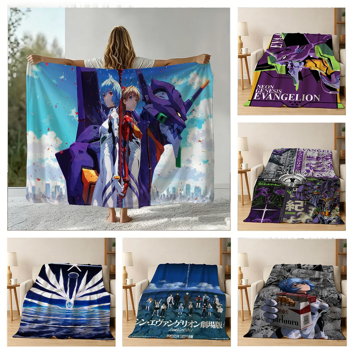 3D E-Evangelions Cartoon G-Genesis Cool Soft Warm Flannel Blanket Art For Wall Living Room Decor Bed Picnic Office Birthday Gift
