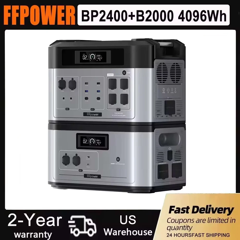 

Солнечный генератор FFPOWER BP2000 с дополнительной батареей B2000, 4096 Втч, 2200 Вт, портативная электростанция с 5 розетками переменного тока, расширяемая емкость