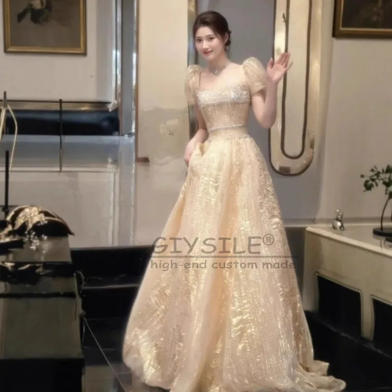 GIYSILE Customized Champagne-colored Square Collar Evening Dress 2025 New Bubble Sleeve Luxury A-line Skirt Sexy Party Dresses
