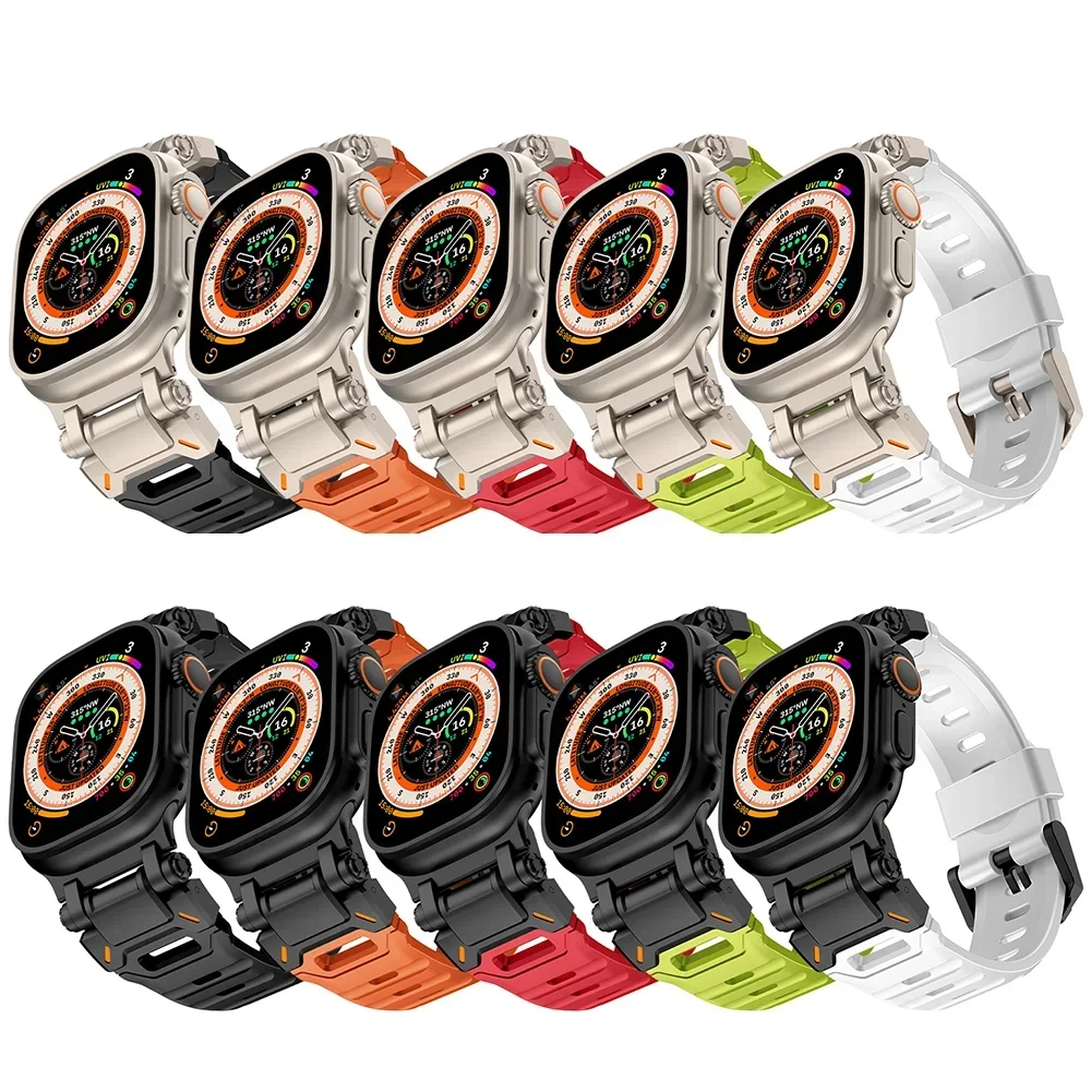 ไทเทเนียมสี Fluororubber สําหรับ Apple Watch Ultra 2 49 มม.44 มม.42 45 มม.ซิลิโคนกีฬาสําหรับ Iwatch Series 9 8 7 6 5 Se