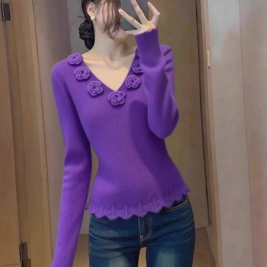 Französisch Hochwertige Pullover Frauen Frühling Herbst Neue Mantel Sanfte V-ausschnitt Pullover Dreidimensionale Blume Strickwaren Damen Top
