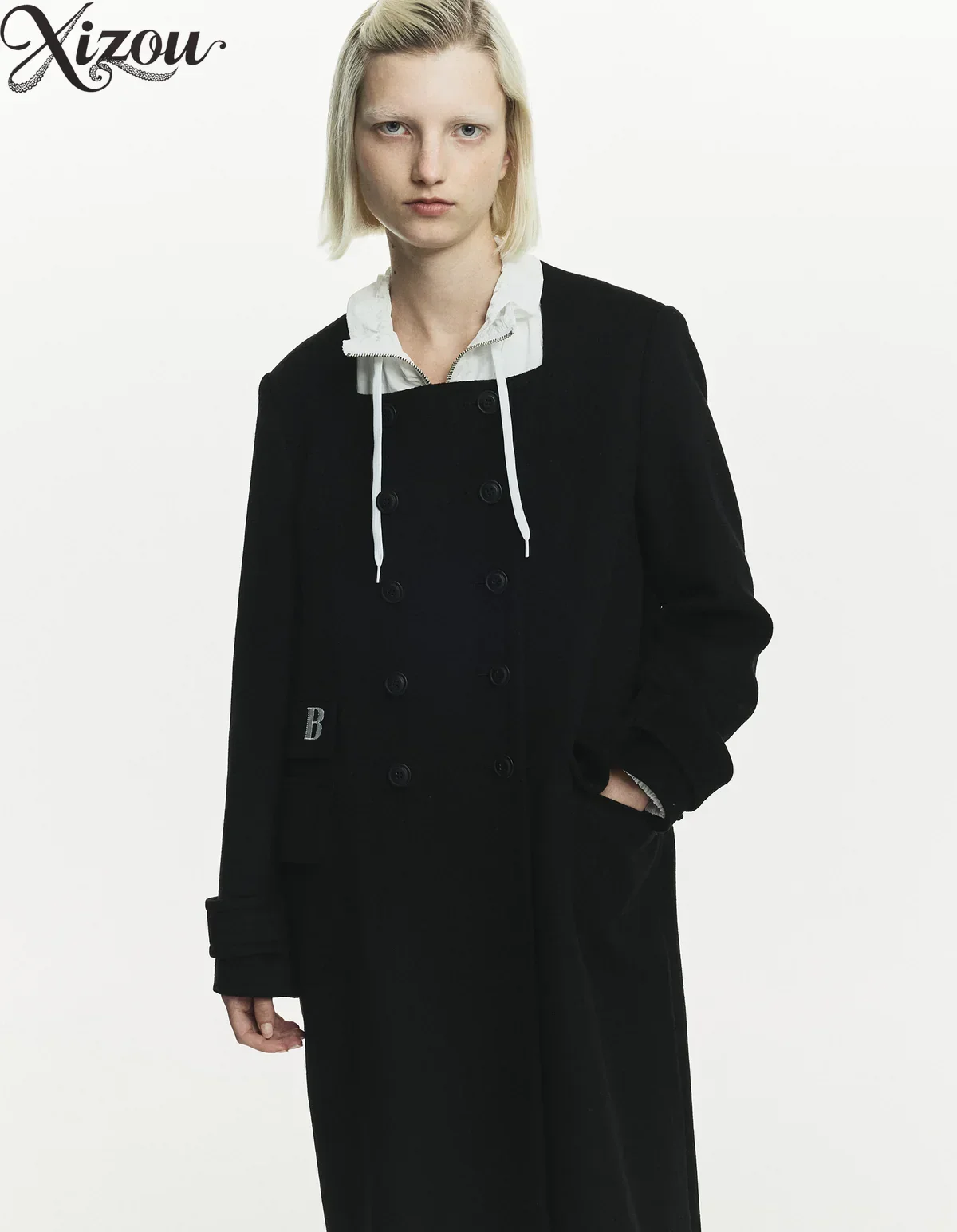 

Autumn Winter Brand Women Woolen Coat French Elegant Retro Square Collar Letter Slim Black Long Trench Overcoat 2025 Wool