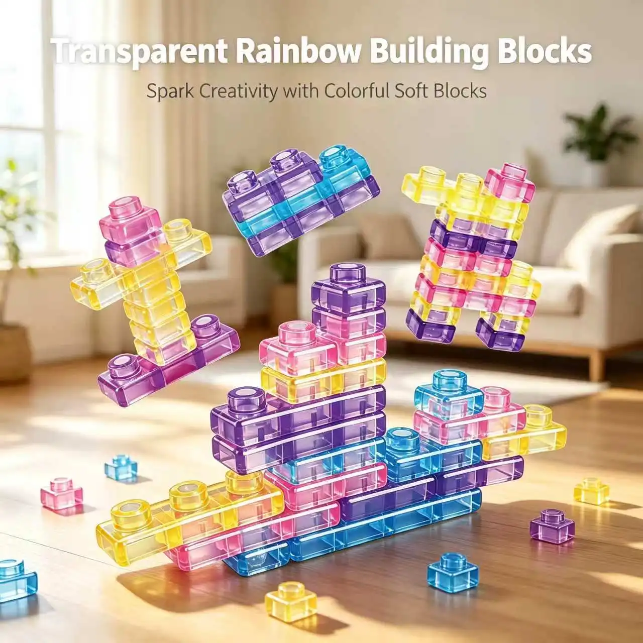 KNYYSECQ Transparent Jelly-Like Blocks for Children Soft Stress-Relief Particle Filled Educational Stacking Fun Toy