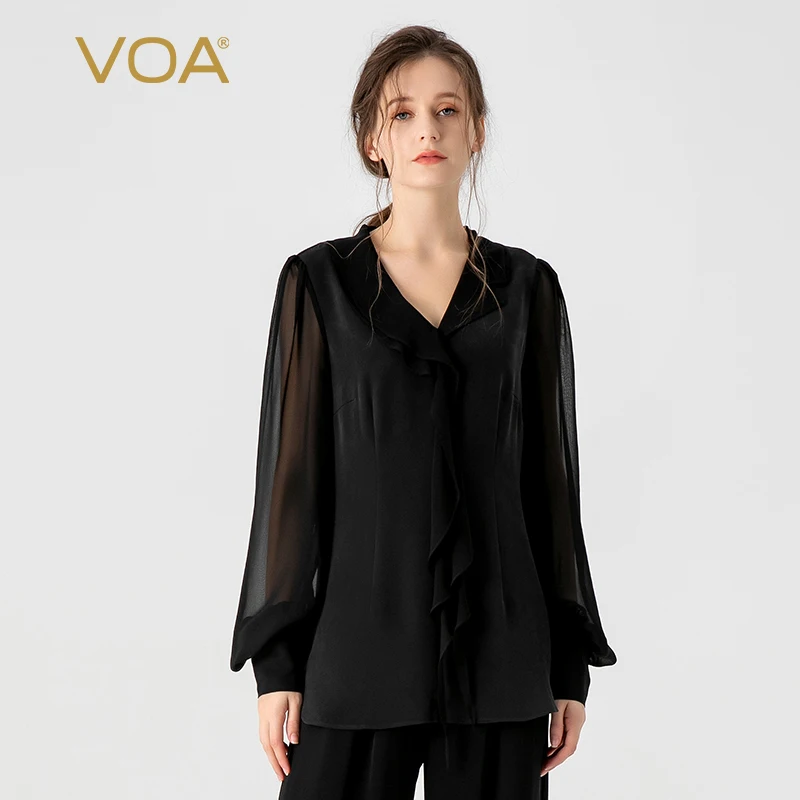 

30 Momme Silk Heavyweight Black V-neck Georgette Shirt Long Sleeve Tops Women Asymmetrical Design Office Silk T-Shirt BE1316