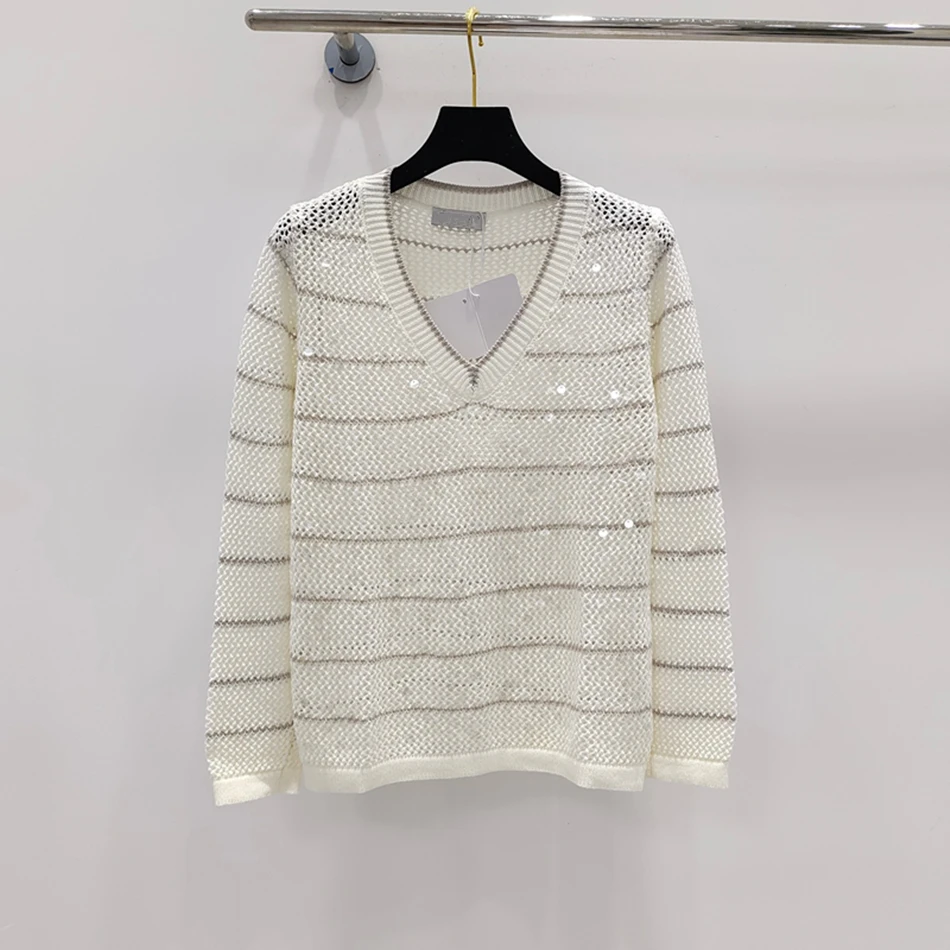 Knitted Pullover For Women With Dazzling Stripes High Quality Wool Tops 2024 New Luxury Sweater