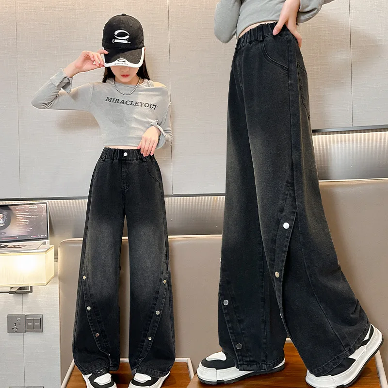 

Hot Sale Girls Jeans Spring Autumn New Children Loose Straight Leg Trousers Big Kids Fashion Patchwork Wide Leg Pants