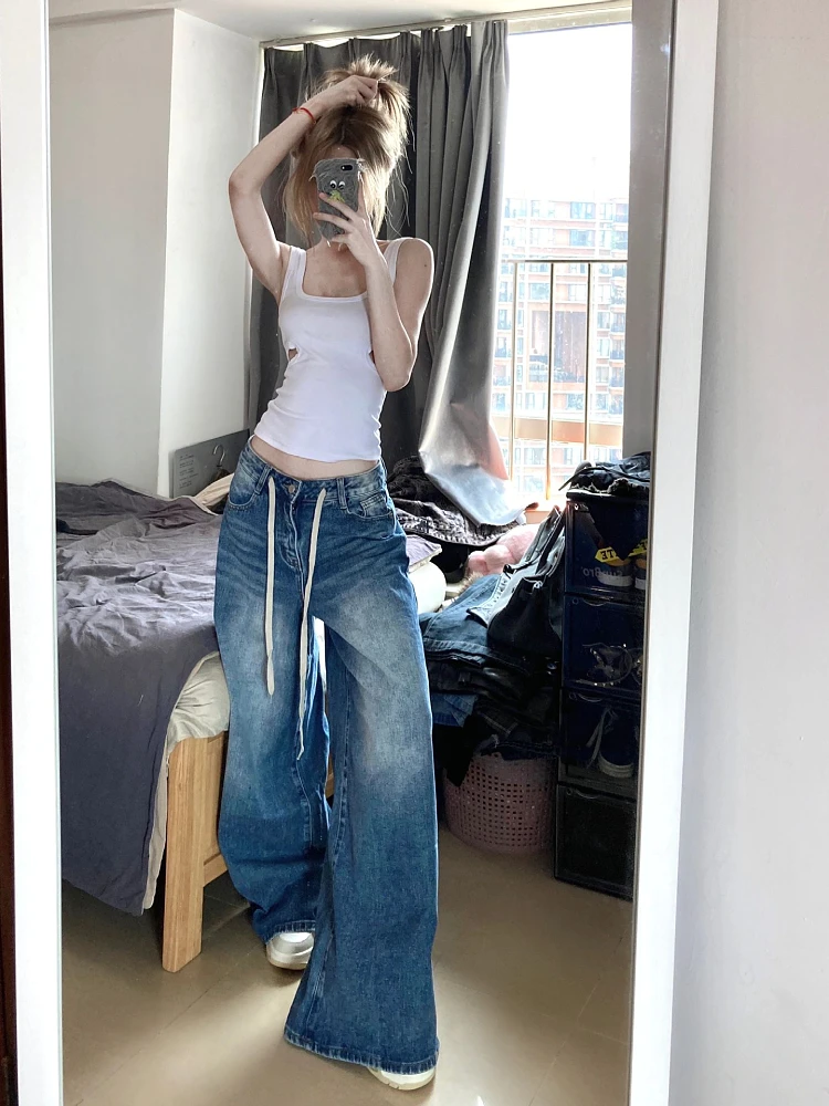 Woman Jeans Drawstring Tie-dyed Solid Color Low Waist Denim High Street Hip-hop Grunge Gyaru Aesthetics Baddie Style 90s Ins