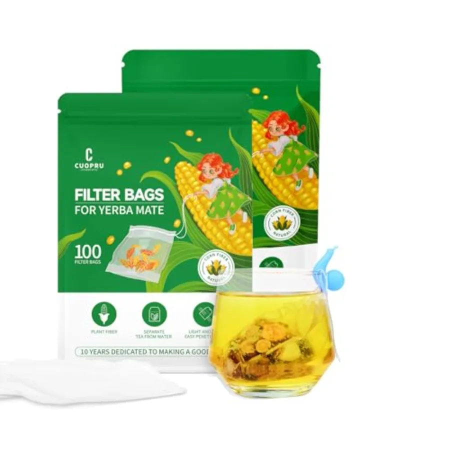 Corn Fiber Disposable Tea Infuser, Tea Filter Bags with Drawstring for Loose Leaf, Yerba Mate, Safe and Natural Material, 3.94