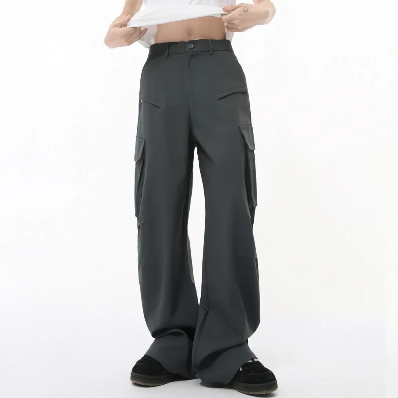 SYUHGFA Loose Multiple Pockets Straight Cargo Pants Wide Leg Casual Mid Waist Solid Color 2024 Winter Fashion Korean Style