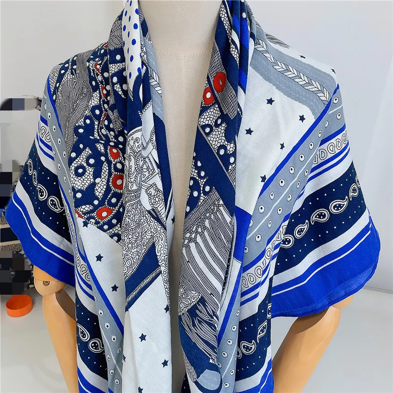 135cm Luxury Winter Silk Cashmere Scarf Women Saddle Print Manual Hand Rolled Shawls Warm Square Scarves Wraps Pashmina Bandana