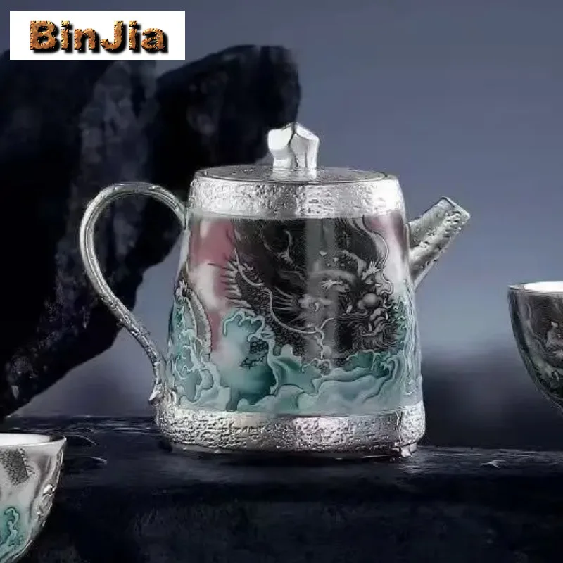 

175ml Handmade 999 Pure Gilt Silver Teapot Dargon Dance Tea Infuser Pot Maker Kettle With Strainer Ceremony Collection