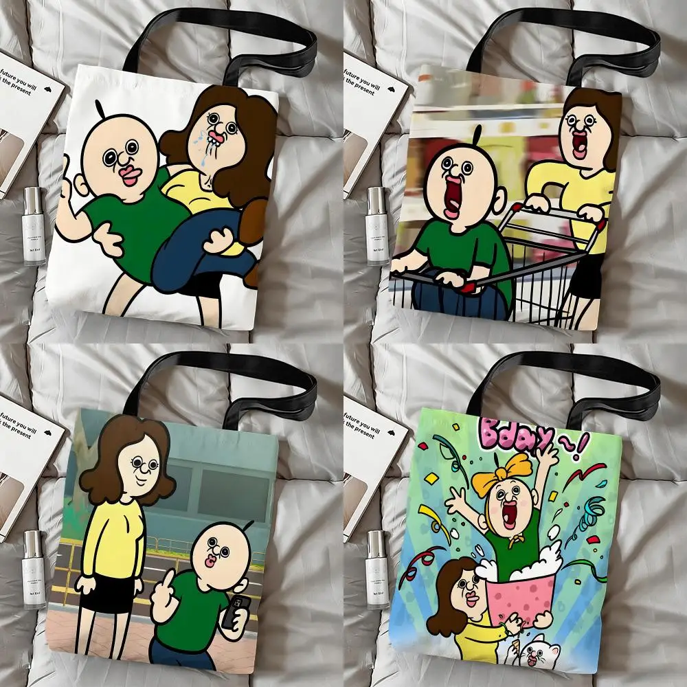 P-Pangpang Storage Bags Double-Sided Printed Canvas Tote Bag Large Capacity Women Shoulder Handbag
