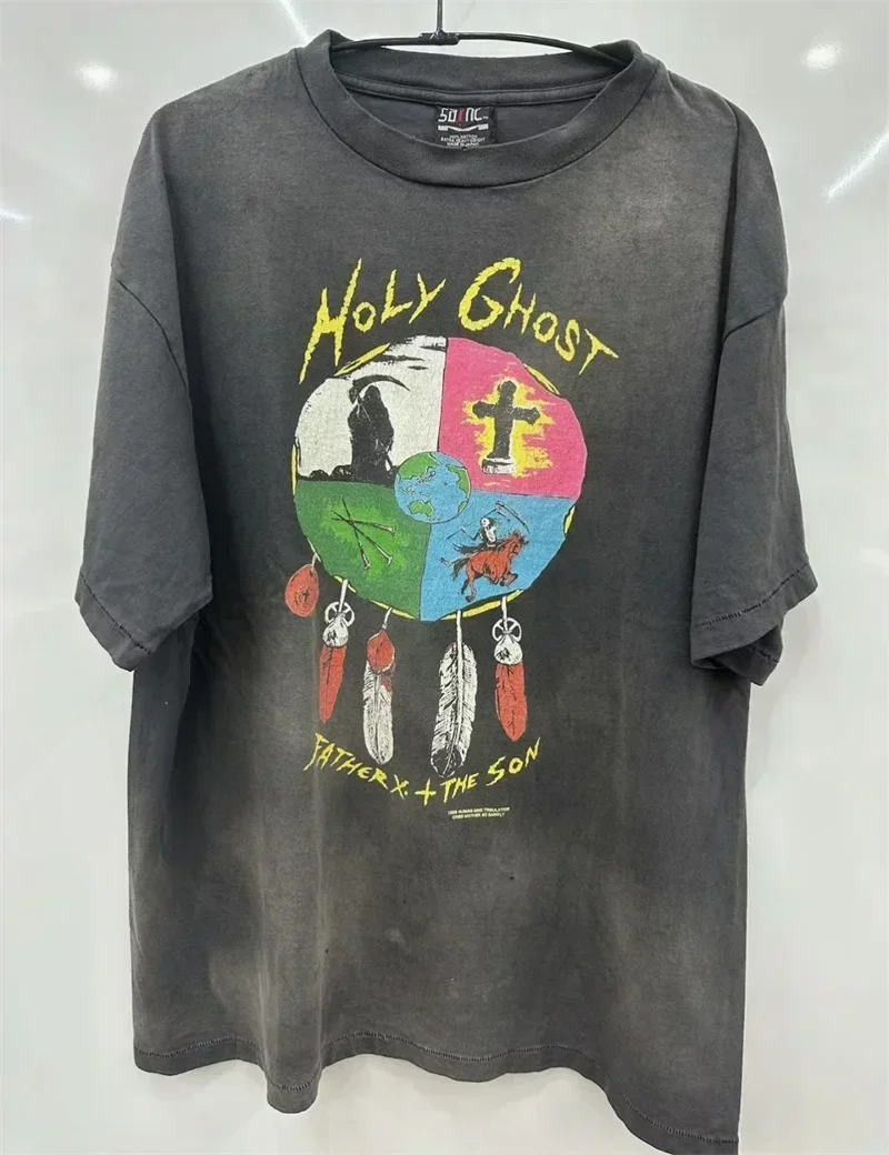 Saint Michael Harajuku T-Shirts For Men Women 1:1 Best Quality Grey Washed Oversized Graphic T Shirts