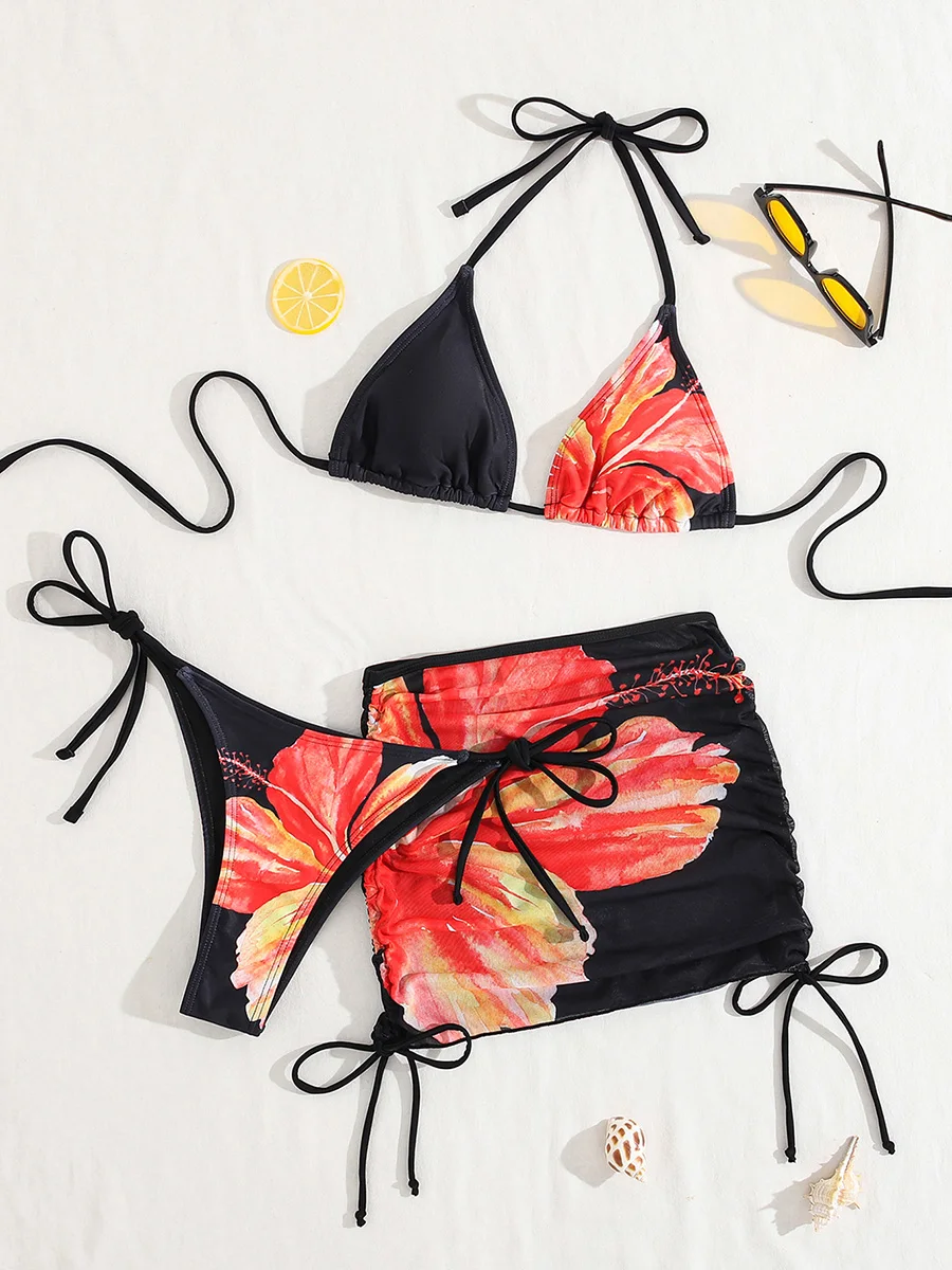 

Flower Floral with Mesh Sheer Skirt Bikini Women Swimwear Female Swimsuit Three-pieces Bikini Set Bathing Suit Swim Beachwear