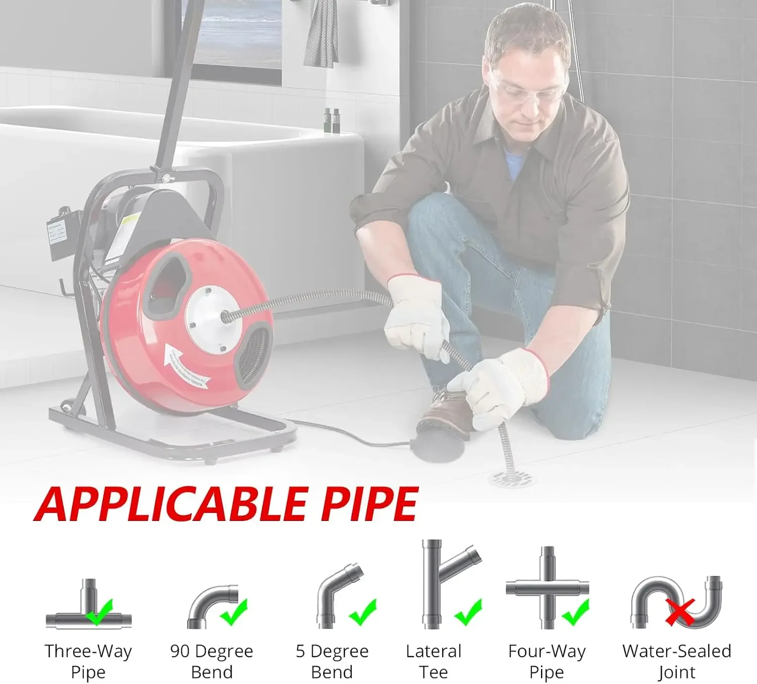 Electric Drain Cleaner Machine, 50 FT X 1/2-Inch Drain Auger & Sewer Snake with 4 Cutters, Air-Activated Foot Switch, and Gloves (K300F)