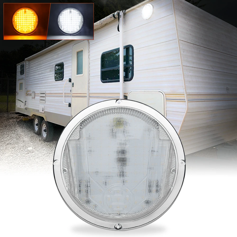 LED RV Exterior Light,8.5 Inch Round Scare Porch Light with 100pcs Dual Color Leds Fixture for RV Trailer Fifth Wheel Camper Bus